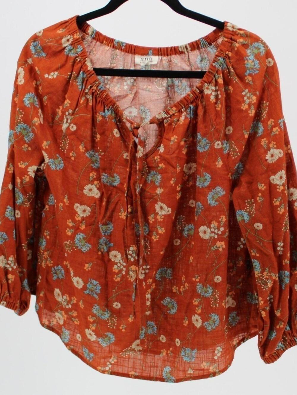 a.n.a A New Approach Small Orange Floral 100% Cotton Peasant Boho 3/4 Sleeve Top